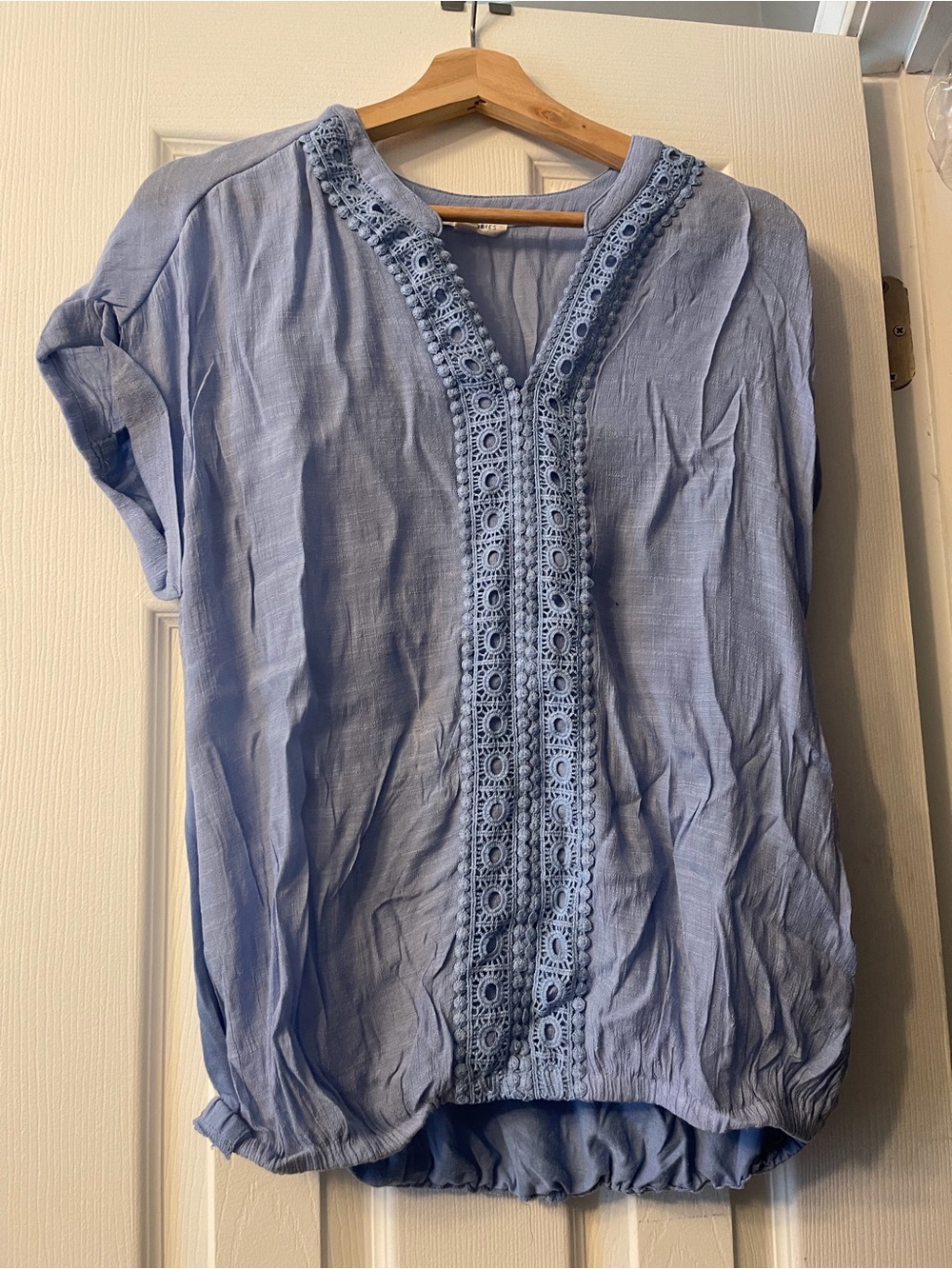 Light Blue Crochet-Trim V-Neck Women's Top
